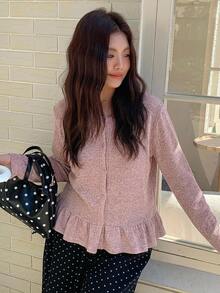 Dazy Plus Solid Color Patchwork Frill Trim Fitted Casual Long Sleeve T-Shirt, Spring/Autumn - Sugar Pink - View 6