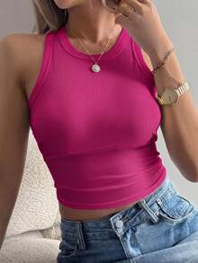 Livesso Women's Solid Color Fitted Tank Top, Minimalist Casual Daily Wear Going Out Tops - Hot Pink - View 2