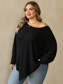 SHEIN CURVE+ Plus Size Women Asymmetrical Hem Batwing Sleeve Solid Color Oblique Shoulder Loose Casual Top - Green - View 3
