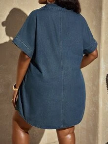 BriallanyX BriallanyX Women's Zipper Half-Open Collar Short Sleeve Denim Dress Weekend Everyday Fall Casual Streetwear - Black - View 2