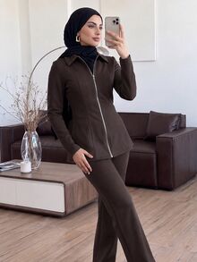 Solavon Women's Casual Elegant Modest Zip-Up Long Sleeve Jacket And Pants 2 Pieces Set Office Taupe Fall - Coffee Brown - View 2
