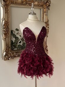 Lovelzi 優雅酒紅色亮片刺繡羽毛流蘇抹胸心形領緊身胸衣 A 字短版迷你舞會返校日雞尾酒正式晚禮服 - 酒紅色 - 查看 7
