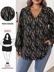 SHEIN CURVE+ Plus Size Women's Tie-Dye Random Print Asymmetrical Hem Casual Long Sleeve Shirt - Multicolor - View 1