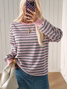 SHEIN EZwear 女款時尚百搭黃色長袖圓領運動衫 開學季 學校教師 畢業季 秋季休閒學院風 早午餐穿搭 - 粉色 - 查看 7