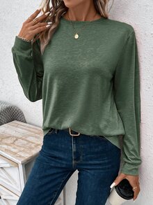 Easowa 女款休閒寬鬆素色長袖T恤可愛上衣 秋冬夏季女裝 - 墨綠色 - 查看 4