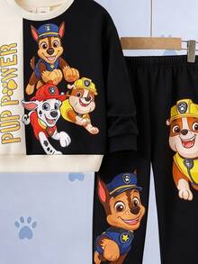 SHEIN | PAW Patrol 小男孩白色拼色卡通小狗印花寬鬆衛衣套裝 秋季長袖上衣與長褲 返校休閒穿搭 生日海灘造型 - 彩色 - 查看 4