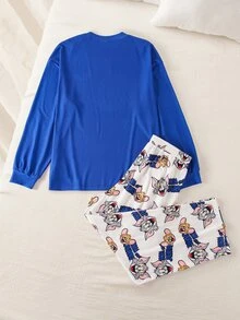 TOM & JERRY X SHEIN Men's Letter Print Long Sleeve Loungewear Set - Blue - View 2