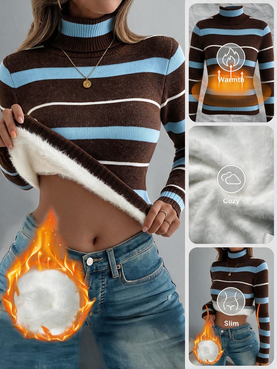 Ellevyn Striped High Neck Thermal Lined Long Sleeve T-Shirt - Coffee Brown - View 1