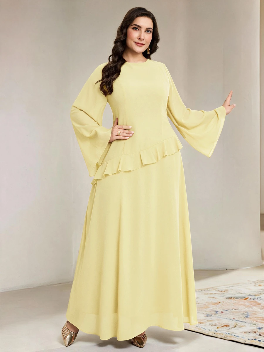 Veilorie Plus Size Women Solid Color Round Neck Flare Sleeve Patchwork Ruffle Hem Elegant Asean Casual Formal Modest Dress Evening Wedding Dinner Black Autumn - Light Yellow - View 1
