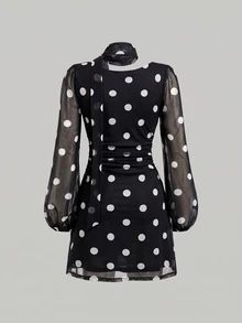 SHEIN MOD 女款優雅通勤波點印花蝴蝶結迷你洋裝 - 黑色 - 查看 5