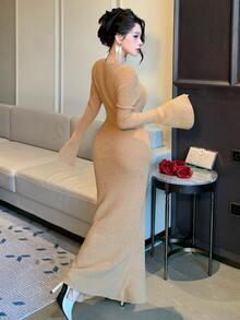 DAZY Women's Solid Color Casual Minimalist Party & Travel Knit Dress - Khaki - View 2
