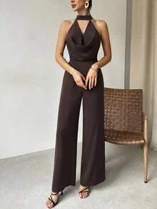 Firerie 女款優雅海軍藍夏季夜出深V低領露背收腰寬腿連身褲，適合約會派對海灘度假 - 棕色 - 查看 7