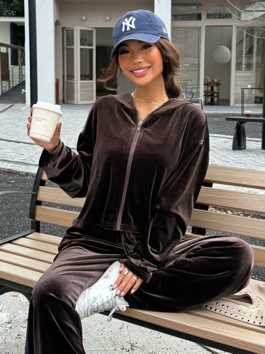 Muchica طقم نسائي من قطعتين من المخمل البني بأكمام طويلة وسحاب أمامي، مناسب للارتداء في الخريف والشتاء مع قبعة، للخروجات الكاجوال - بني - مشاهدة 1