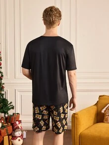 Notgurli Men's Comfortable Casual Loungewear, Fun Christmas Tree & Beer Pattern Short Sleeve & Shorts 2 Pieces Set - Multicolor - View 2