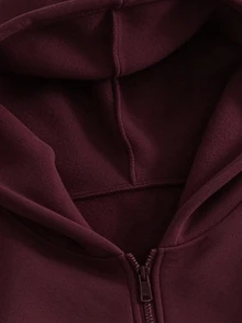 SHEIN 青少年女孩長袖抓絨內裡純色黑色夾克，萬聖節冬季風格，街頭穿搭寬鬆版型 - 酒紅色 - 查看 5