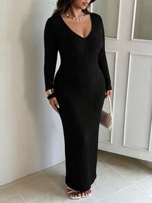 SHEIN EZwear Plus Solid V Neck Bodycon Dress Date Night Dress, Winter - Black - View 7