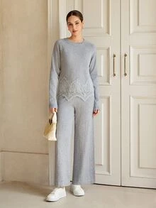 Graceveil Women's Lace Trim Casual Autumn/Winter Sweater 2 Pieces Set - Grey - View 4