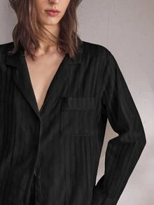 Ocili Natural Comfortable Non-Elastic Linen Pleated Long Sleeve Long Pants Women's Pajama Set - Black - View 7