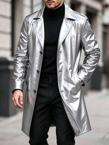 Manfinity CasualCool 男士 PU 布料單排扣黑色秋季優雅晚宴風衣，寬鬆極簡翻領長版外套，適合送給丈夫/男友的週年禮物 - 銀色 - 查看 1