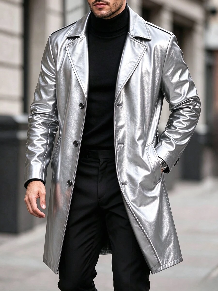 Manfinity CasualCool 男士 PU 布料單排扣黑色秋季優雅晚宴風衣,寬鬆極簡翻領長版外套,適合送給丈夫/男友的週年禮物 - 銀色 - 查看 1