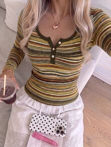 CovetEZ Women's Blended Pink Striped Half-Zip T-Shirt, Spring/Summer Style, Pink Top - Multicolor - View 3