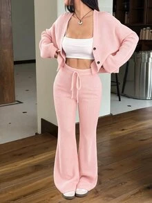 SHEIN EZwear 2件組女款休閒純色寬肩帶開襟衫與抽繩腰寬腿褲套裝，適合秋季/旅行，黑色 - 淺粉色 - 查看 3