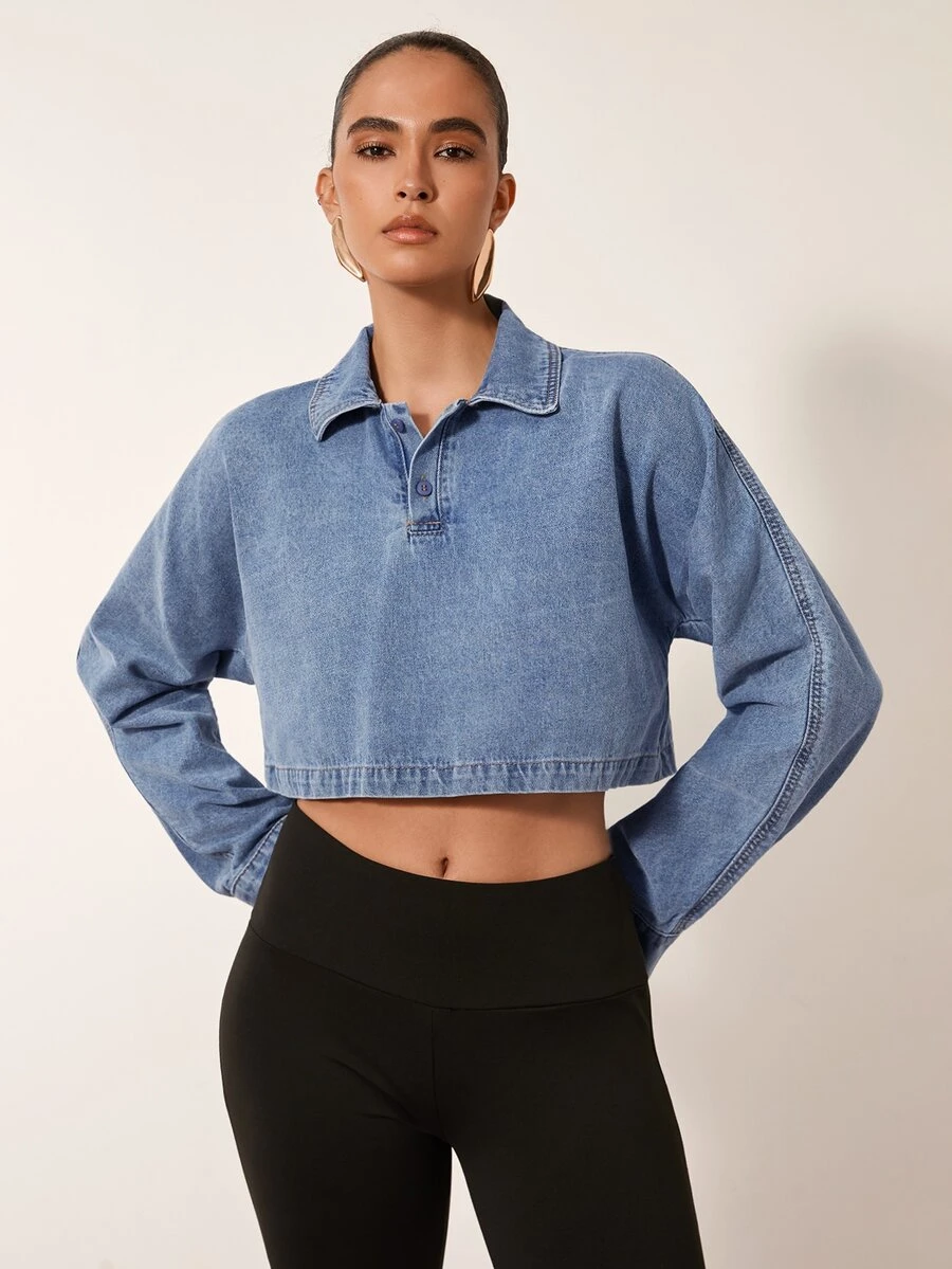 MERLEAU Atasan Denim Longgar Modern Wanita - Biru - View 1