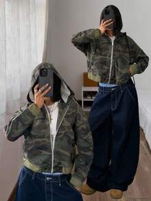 SHEIN Plus Size Camouflage Hooded Cropped Denim Jacket With Drawstring Hem And Zipper Front, Streetwear Utility Coat - Multicolor - View 1