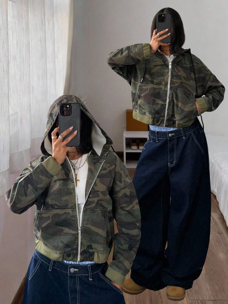 SHEIN Plus Size Camouflage Hooded Cropped Denim Jacket With Drawstring Hem And Zipper Front, Streetwear Utility Coat - Multicolor - View 1