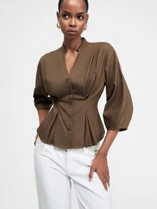 ATUI Studio Women's V-Neck Solid Color Single-Breasted Ruched Waist 3/4 Sleeve Commuter Versatile Blouse - Brown - View 6