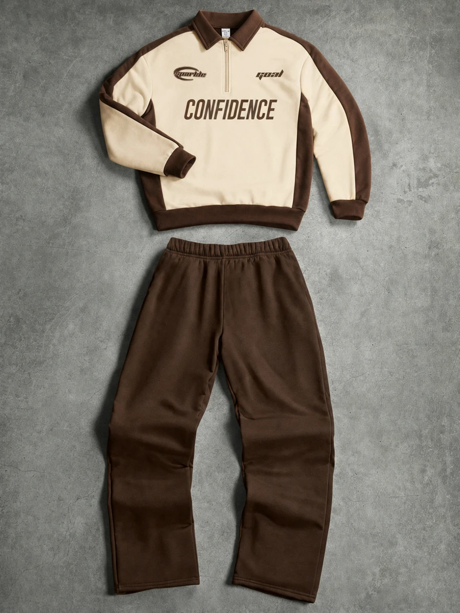 SHEIN Teen Boys Casual Comfortable Versatile Colorblock Polo Collar Sweatshirt & Long Pants Set - Multicolor - View 1