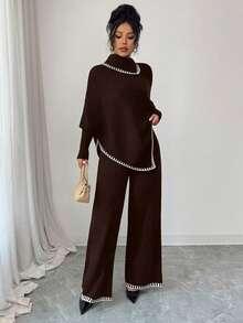 SHEIN Elenzya 女款秋冬長斗篷、寬鬆配色針織衫與寬腿褲2件套 - 棕色 - 查看 4