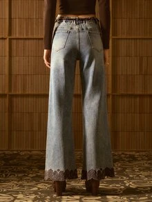 MOTF STUDIO WOMEN'S AUTUMN/WINTER VINTAGE WASHED BOHEMIAN EMBROIDERED HEM DENIM LONG PANTS - Medium Wash - View 8