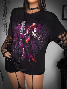 Whyspr Harley Quinn X SHEIN Plus Size Women's 2 In 1 Patchwork Casual Daily T-Shirt - Black - View 1