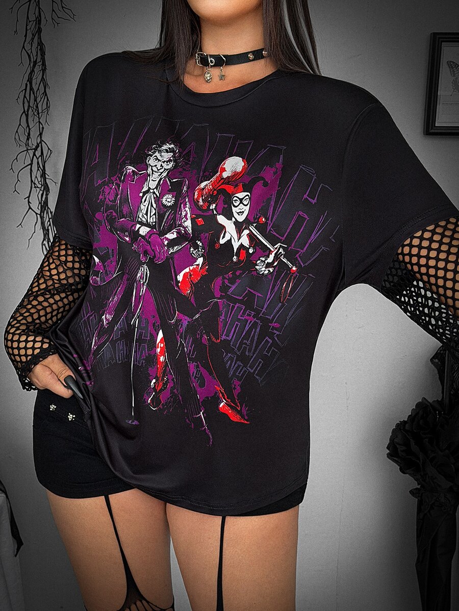 Whyspr Harley Quinn X SHEIN Plus Size Women's 2 In 1 Patchwork Casual Daily T-Shirt - Black - View 1