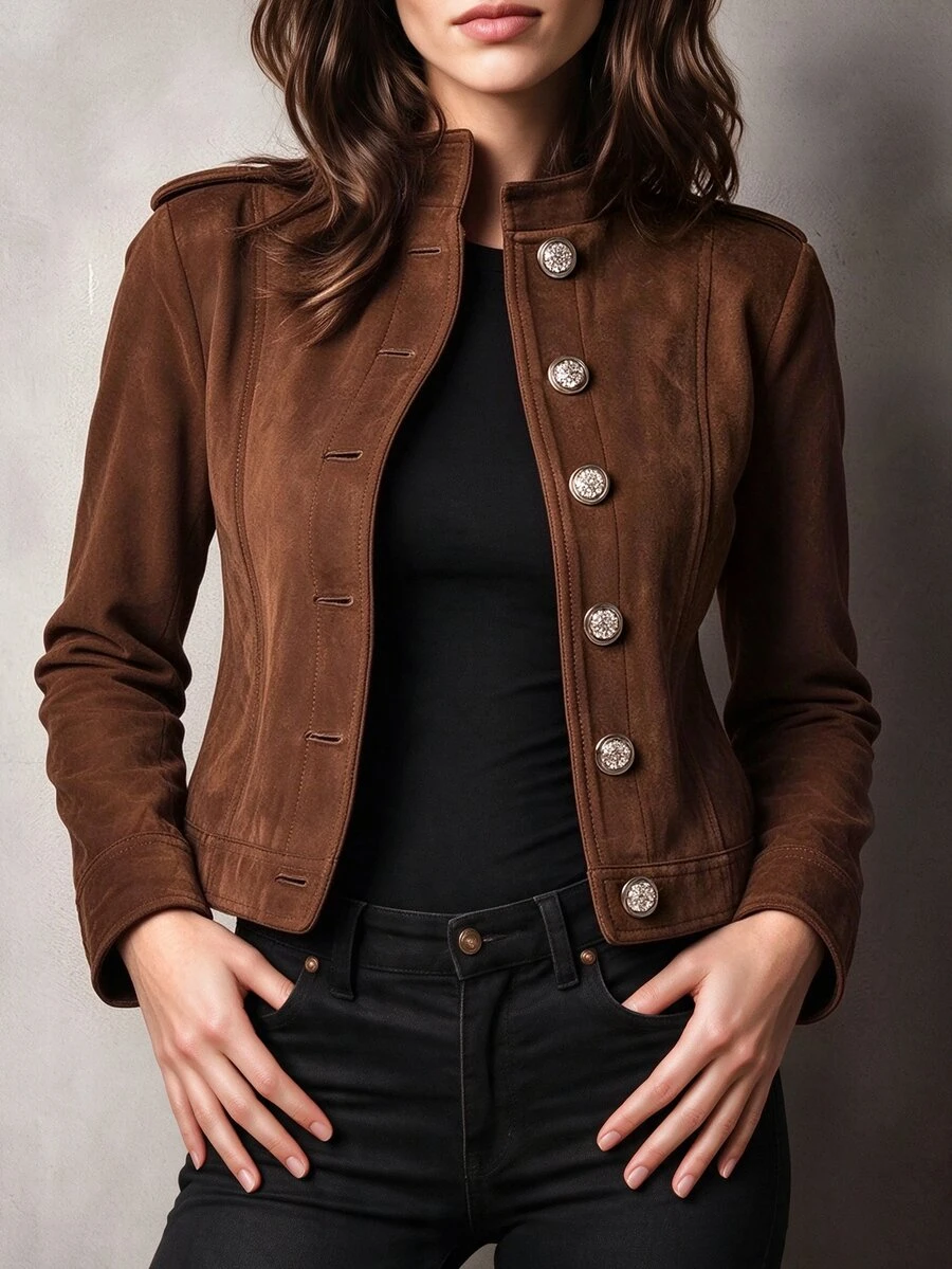 LUMIGAL Women's Vintage Button Long Sleeve Padded Coat - Brown - View 1