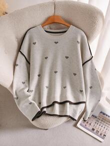 CosyJoli Plus Size Elegant French Casual Heart Pattern Khaki Autumn/Winter Pullover Sweater Top For Women - Khaki - View 3