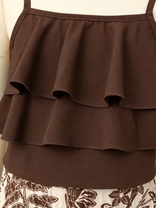 SHEIN 青少年女孩 2件/套夏季度假套裝，層次荷葉邊細肩帶背心 + 花卉印花寬腿長褲，優雅日常出遊穿搭 - 棕色 - 查看 7