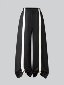 SHEIN 青少年女孩對比條紋假領長袖上衣與寬腿褲2件套，休閒運動風軟針織舒適活動秋季套裝 - 黑色 - 查看 5