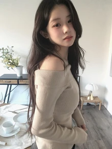 DAZY Solid Color Slim Fit Cold Shoulder Long Sleeve Elegant Vacation Korean Style Autumn/Winter Knit Sweater For Women - Apricot - View 6