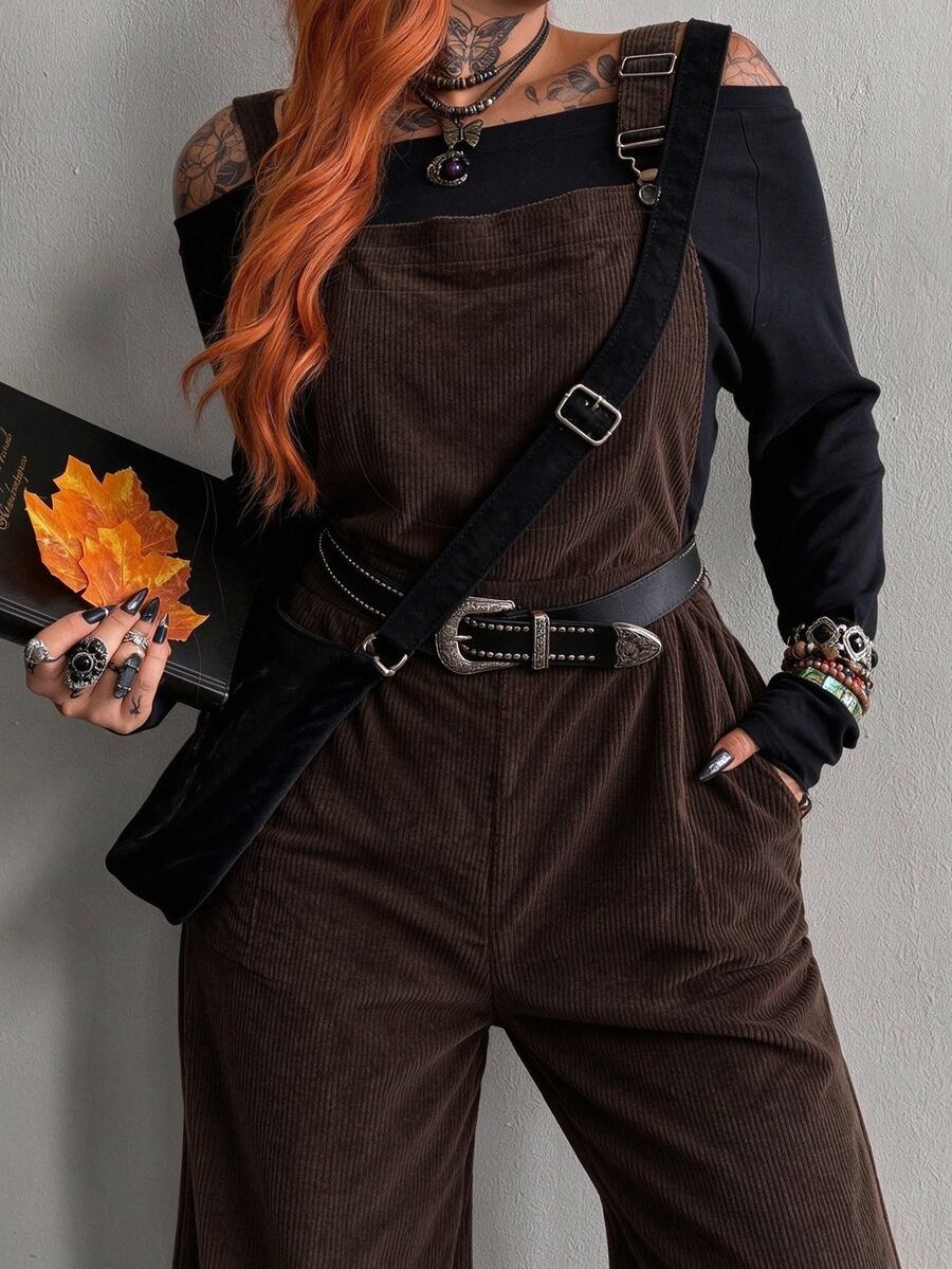 Whyspr Plus Size Women's Solid Color Corduroy Casual Overalls Jumpsuit Spring/Autumn - Coffee Brown - View 1