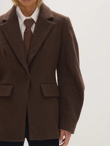 MUSEYN Brown Thick Structured Whool Barrel Sleeve Blazer Versatile Everyday Casual Chic Date Night New Season Fall - Coffee Brown - View 5