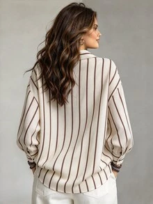 Ceyna Plus Size vintage minimalistisk mångsidig vardagspendling-kofta med knappar, lång ärm, aprikosfärgad bas med bruna ränder, för kvinnor - Kaffebrun - Visa 2