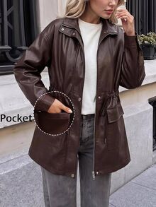 Editum Women's Solid Color Double Pocket Cinched Cinched Waist Zipper Front Long Sleeve Jacket - Mocha Brown - View 6