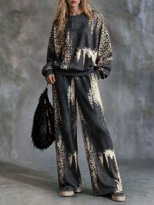 LUMIGAL Women's Autumn Digital Print Leopard Regular Loose Sweatshirt & Pants Casual Fashion Sports 2 Pieces Set - Multicolor - View 3