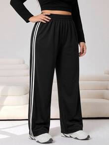 SHEIN CURVE+ Plus Size Black Casual Drawstring Waist Loose Fit Sweatpants, Autumn - Black - View 5