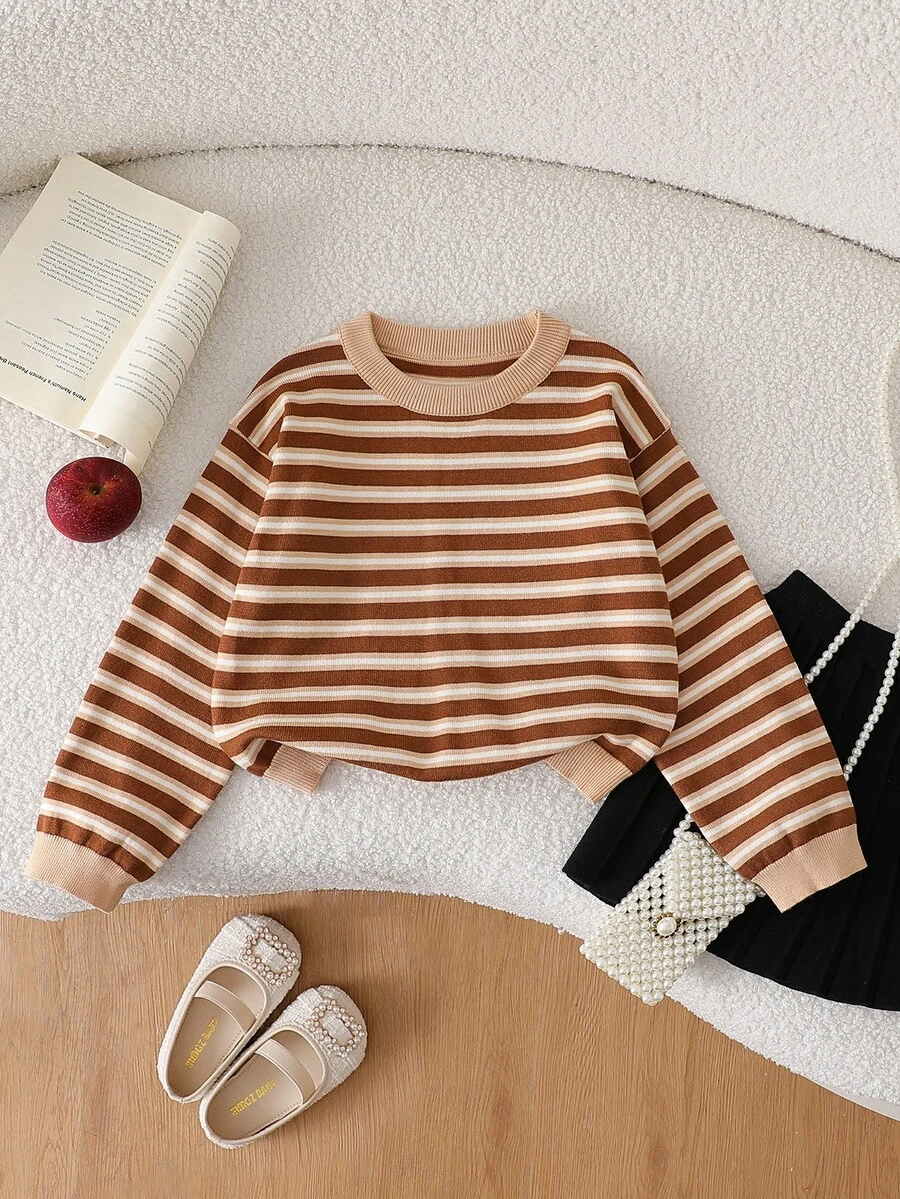 SHEIN 女童條紋短版套頭針織毛衣 - 彩色 - 查看 1