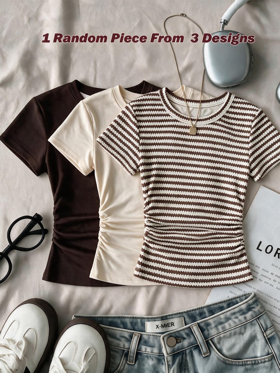 Teen Girls Casual Minimalist Fashion Classic Striped Pattern, Round Neck Waist Ruched Fitted Short Sleeve T-Shirt, Suitable For Spring/Summer Versatile Style Y2k, Easy Comfort, Going Out Tops, Maillard Color, Chic, New Fall Style - Multicolor - View 1