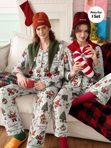 Chillnights 男士聖誕老人印花翻領休閒家居服套裝 - 淺灰色 - 查看 6