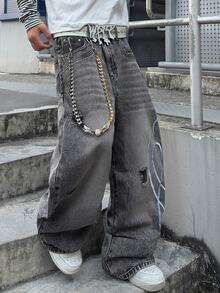 STEELVANCE Streetwear Retro Fashion Versatile Distressed Washed Rivet Embroidery Floral Distressed Ripped Frayed Design Loose Straight Wide Leg Casual Denim Jeans (Belt And Accessories Not Included) - Black - View 3